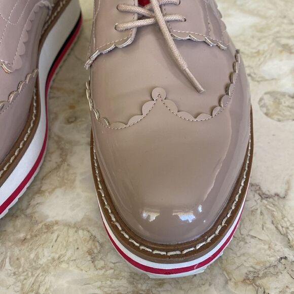 Zara Oxfords Tan Nude Patent Leather Red Heart Tongue Platform Wingtip Shoes - Picture 9 of 14